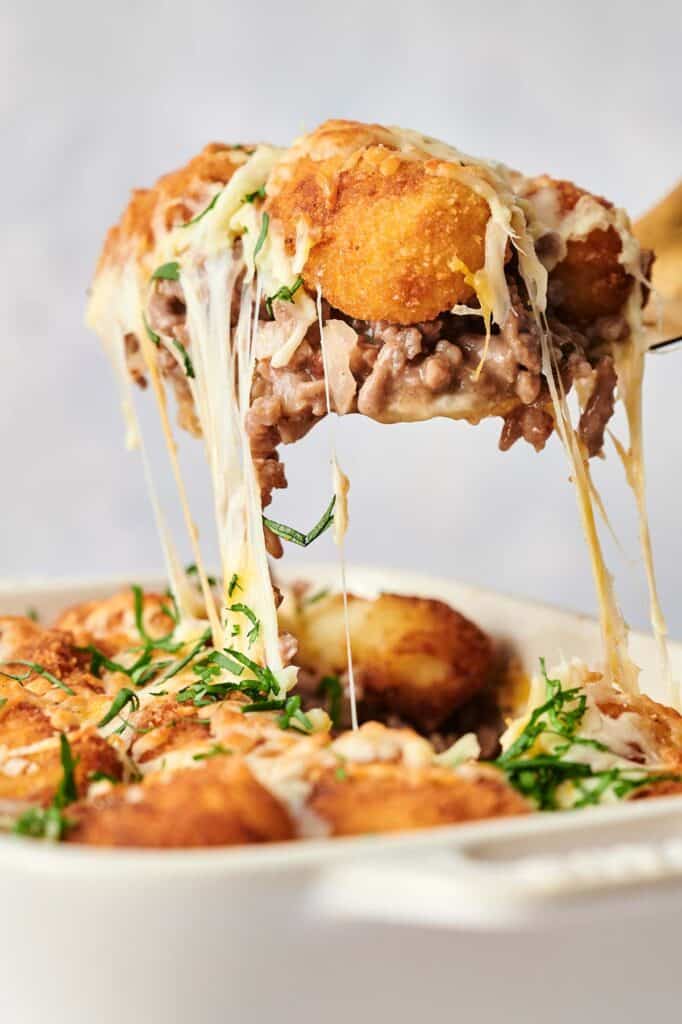 A close up of tater tot casserole.