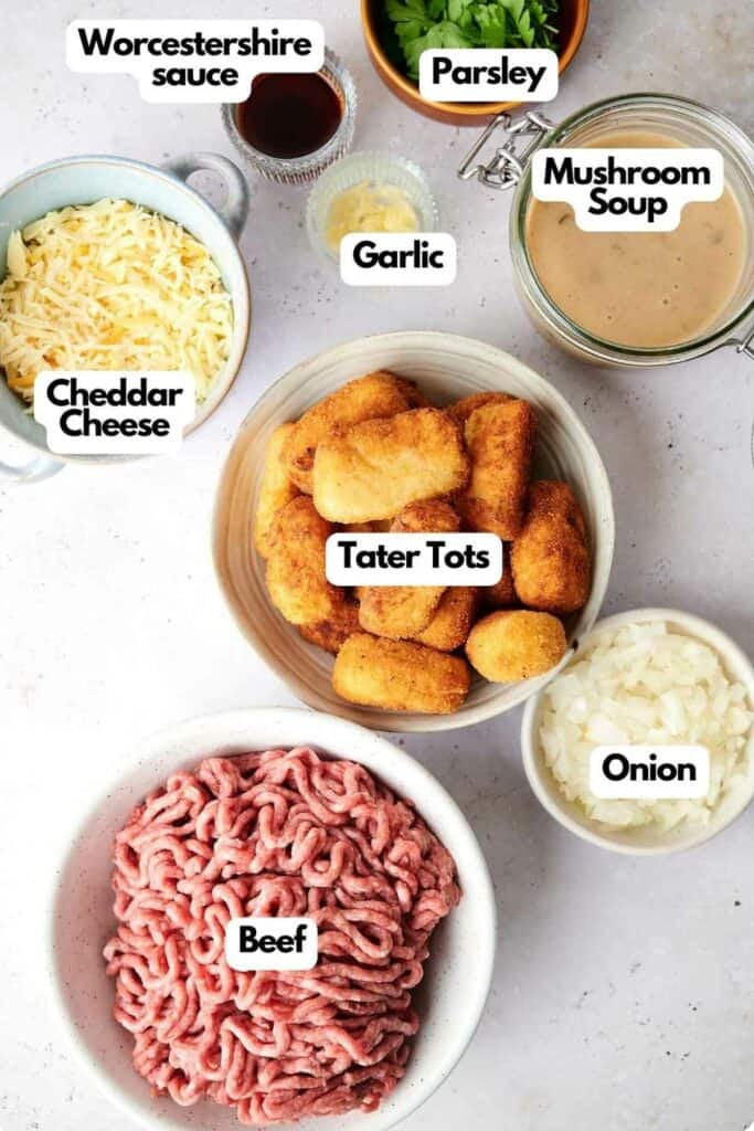 Labeled ingredients for the tater tot casserole recipe.