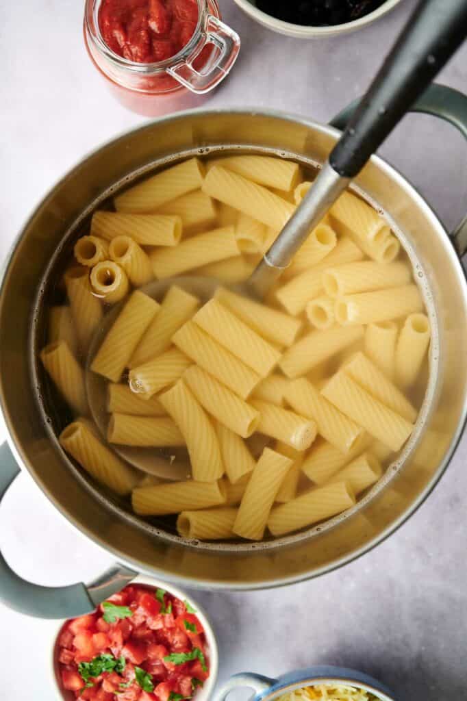 A pot filled with pasta.