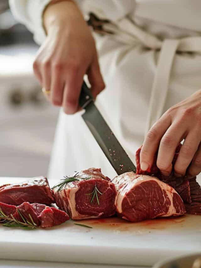 Chef slicing raw beef on a cutting board with sprigs of rosemary.