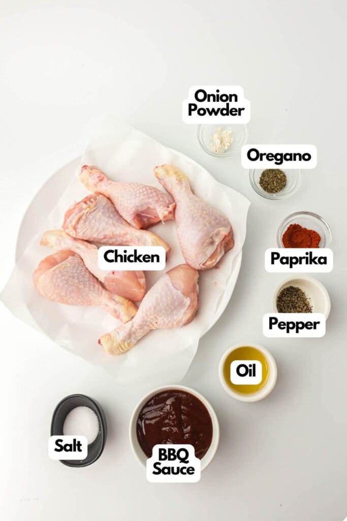 A list of ingredients for chicken  BBQ drumsticks, perfect for the air fryer.