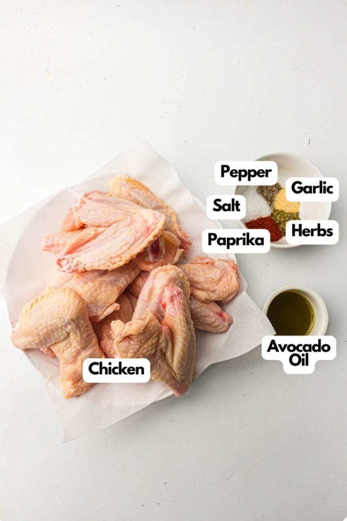 A list of ingredients for an air fryer chicken wings.