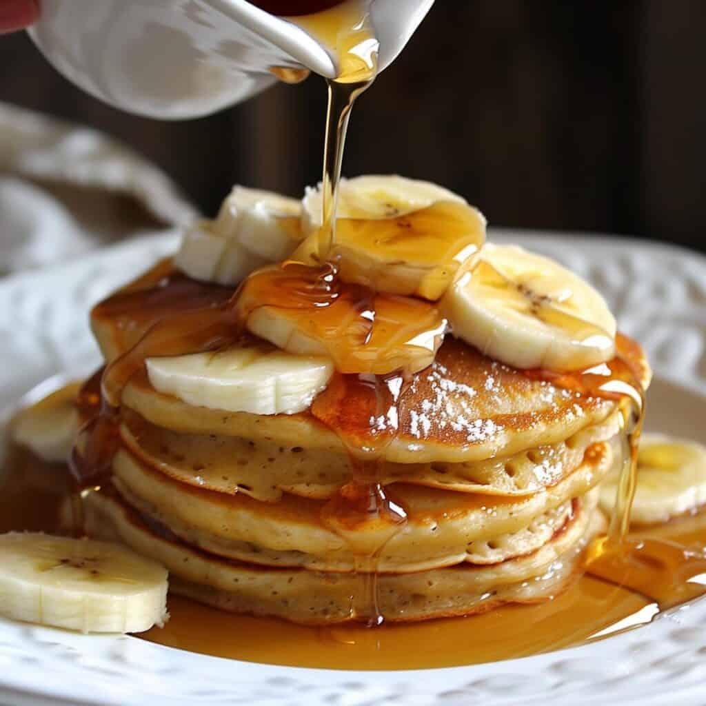 A stack of pancakes with syrup being poured over them.