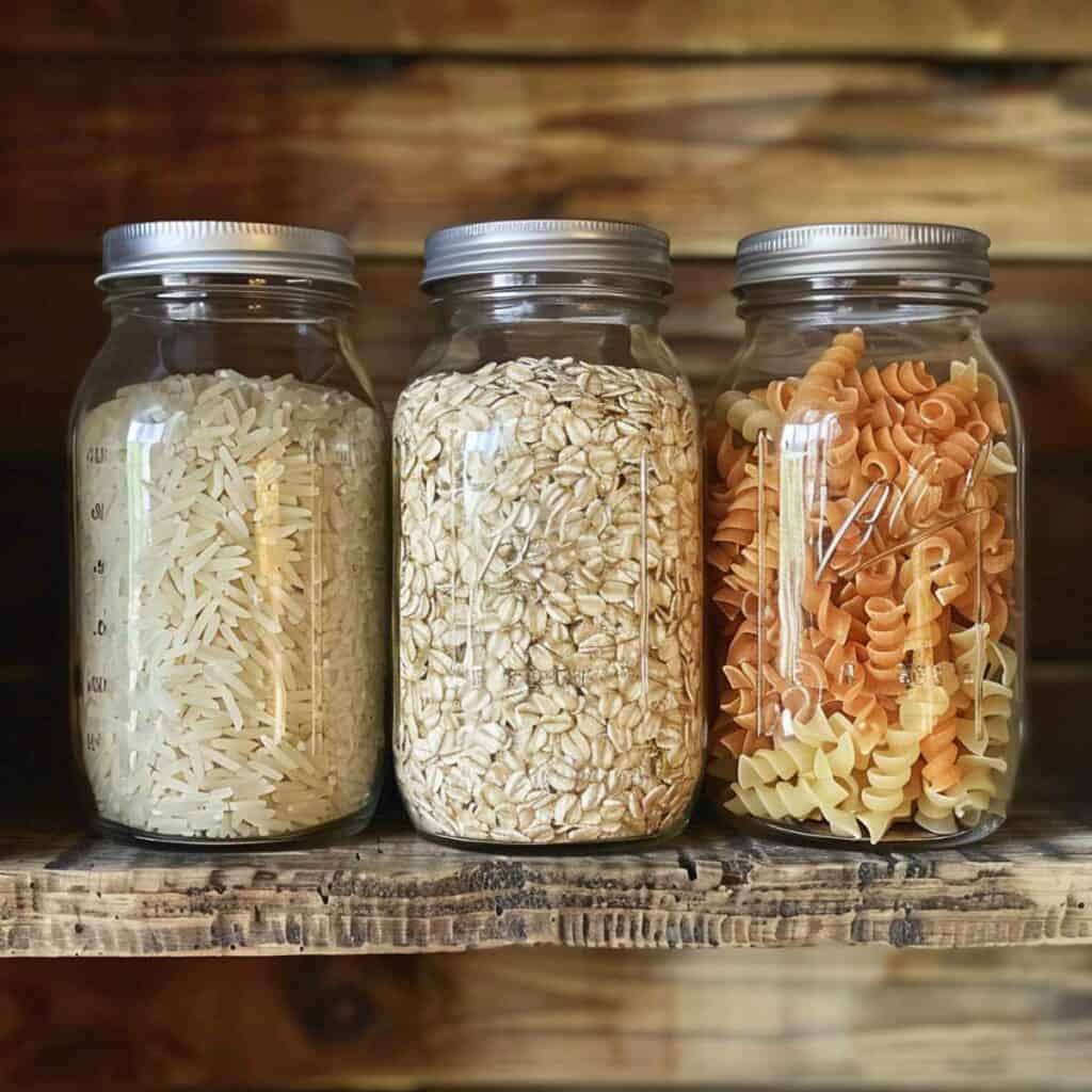 Three mason jars filled with different types of pasta.