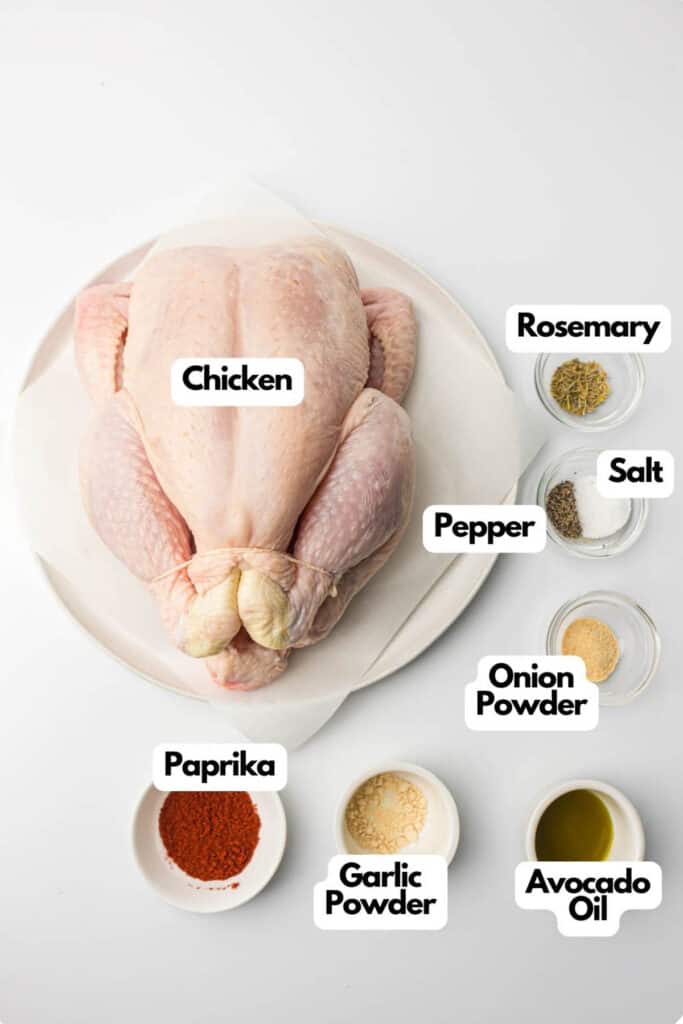 A list of ingredients for an air fryer whole chicken recipe.