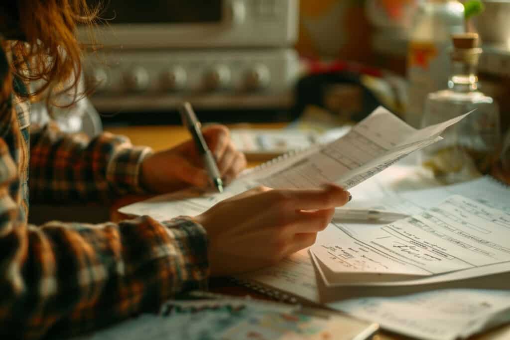 A woman is writing on a piece of paper.