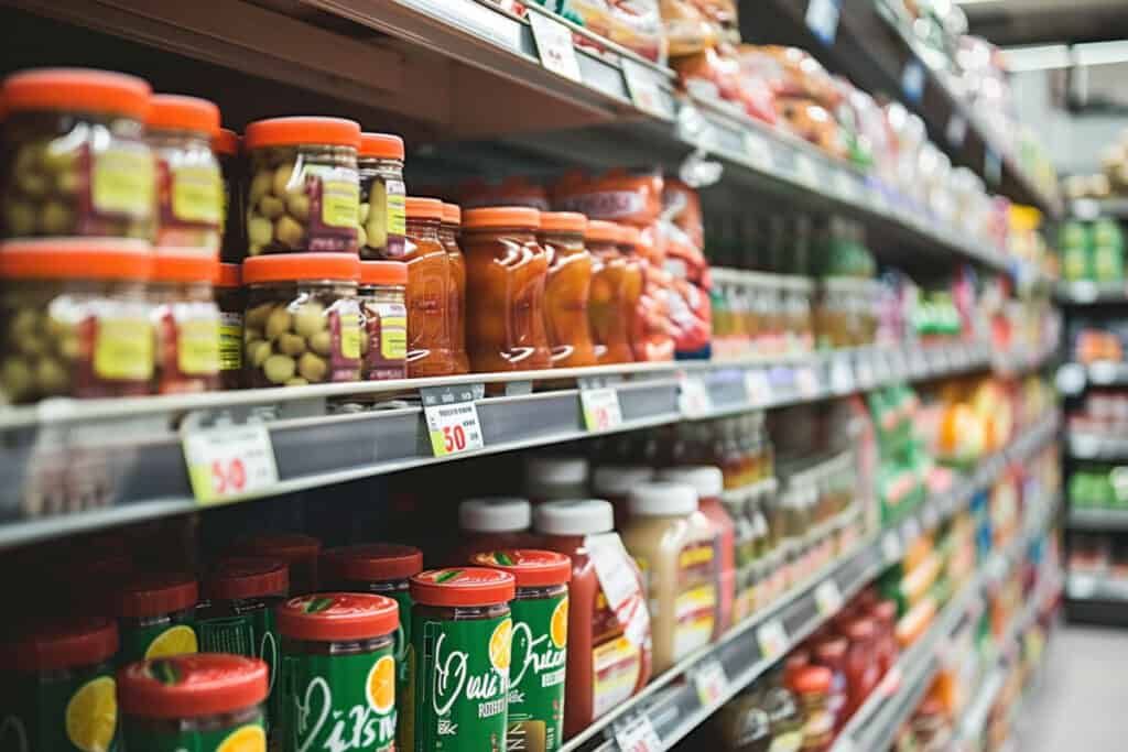 Jars of food on shelves in a grocery store.