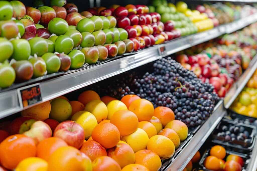 A variety of fruits on shelves in a grocery store.