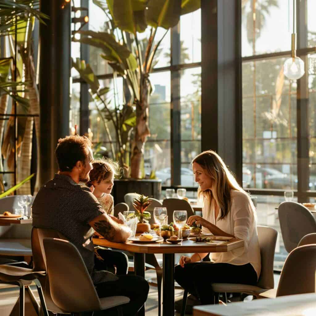A family sits at a table in a restaurant.