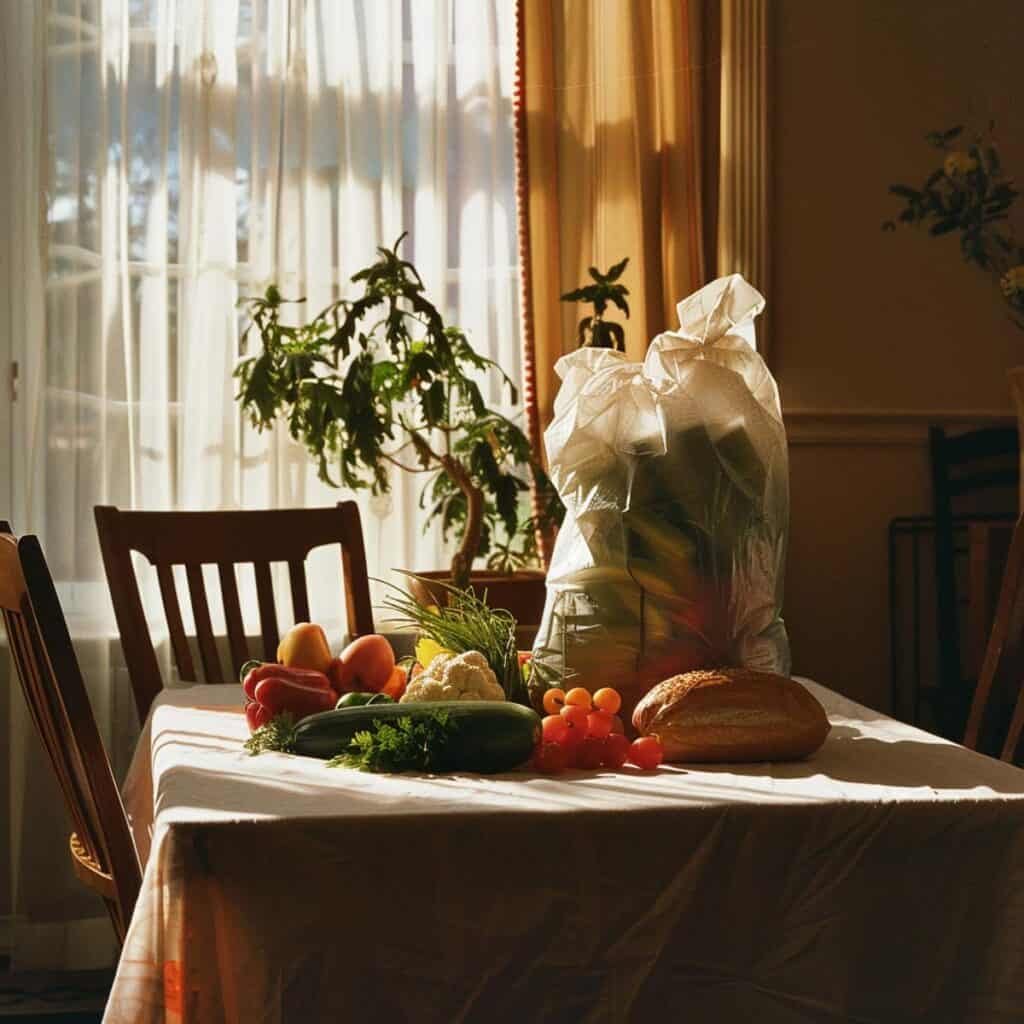 A table with a bag of vegetables on it.