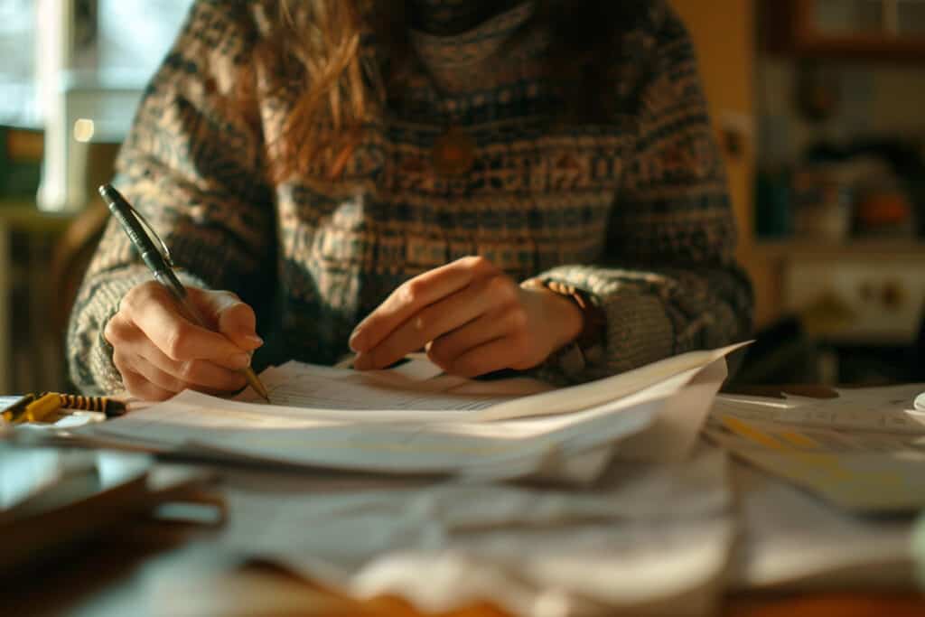 A woman is sitting at a table with papers and a pen.