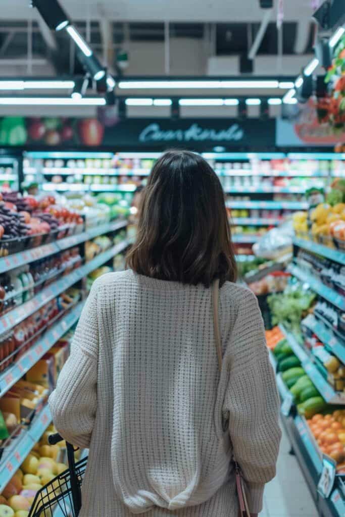 A woman shopping in a grocery store.