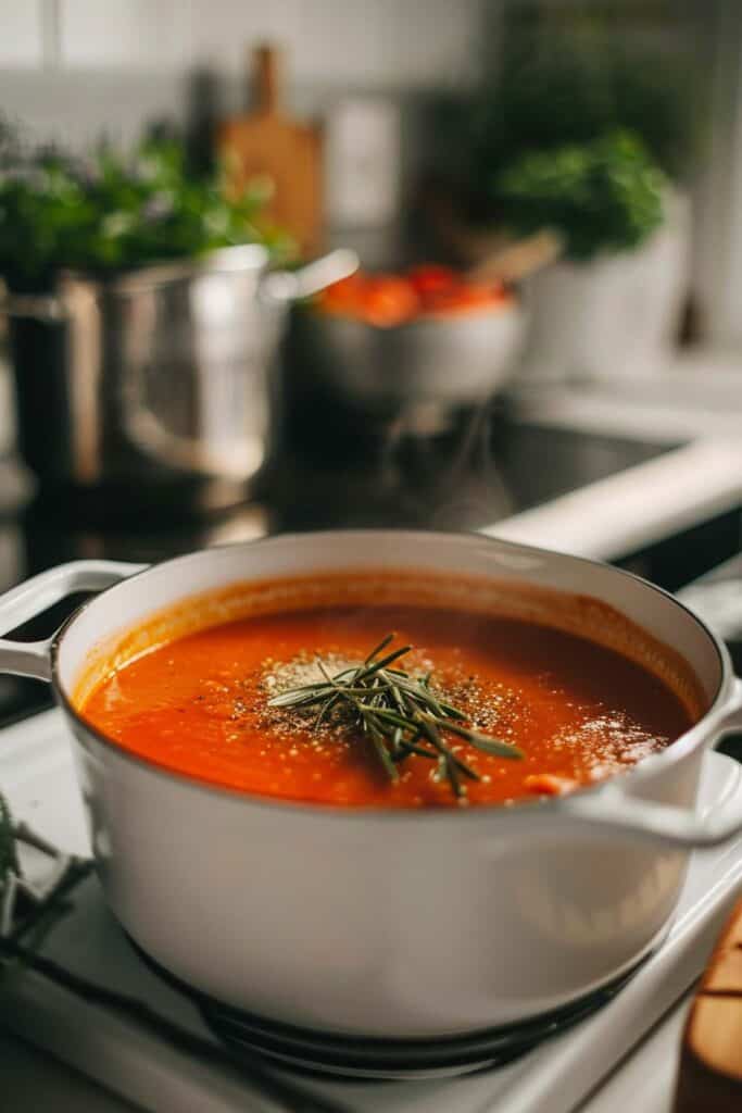 A pot of tomato soup on a stove top.