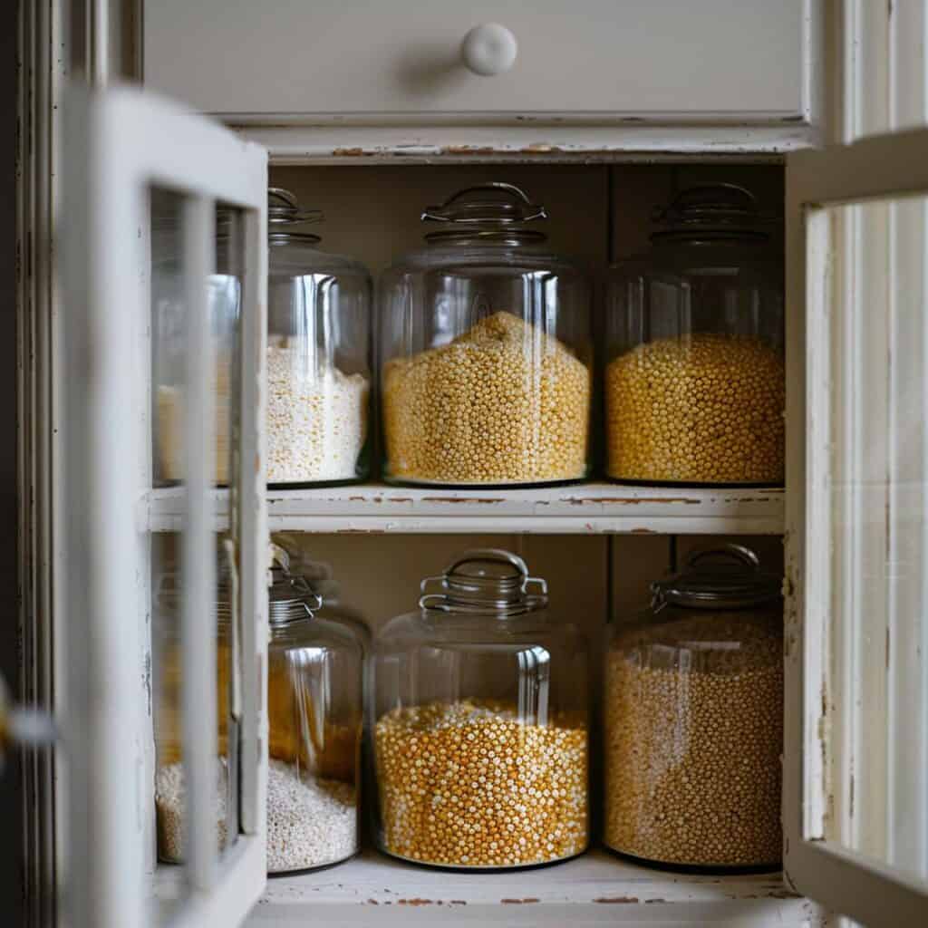 Glass jars filled with grains in a kitchen cabinet.