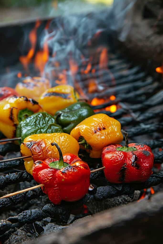 Skewers of peppers on a grill.