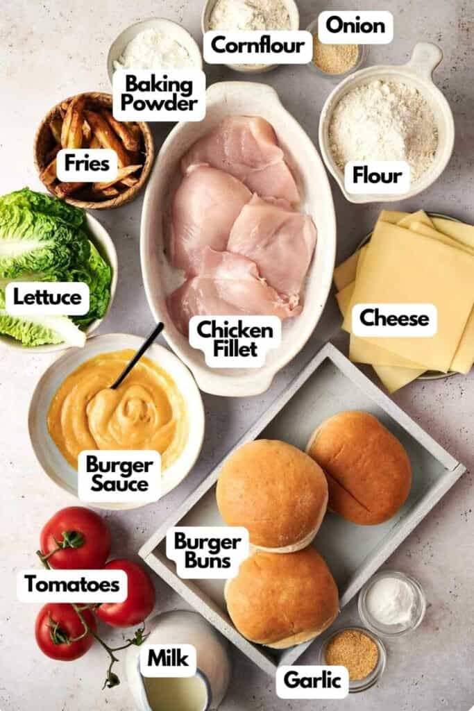 A list of ingredients for a zinger chicken burger.