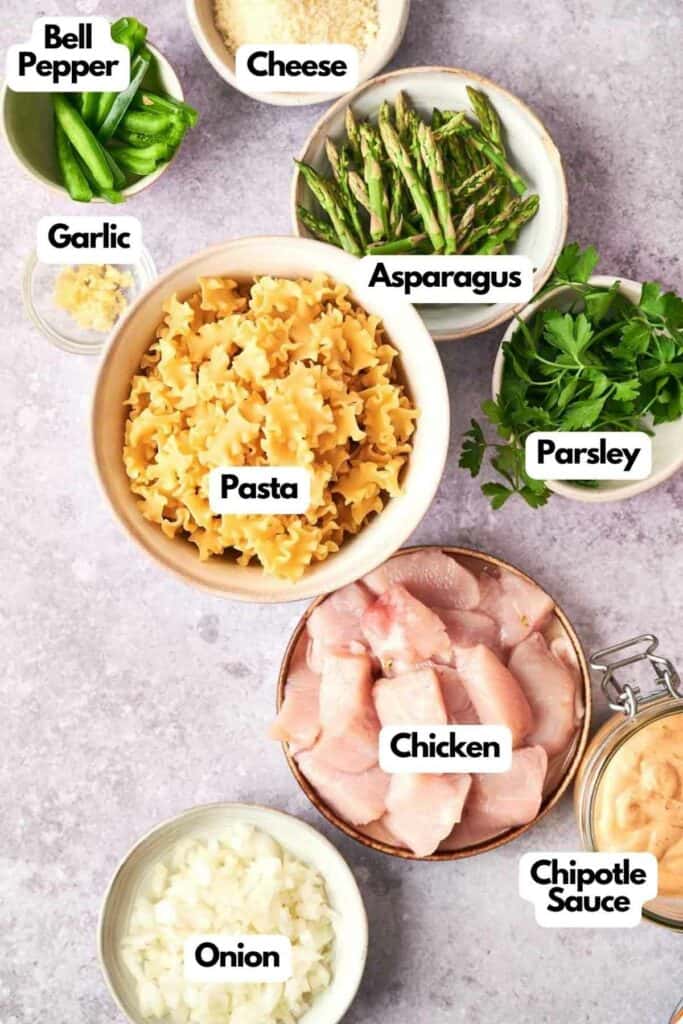 A list of ingredients for chicken chipotle pasta.