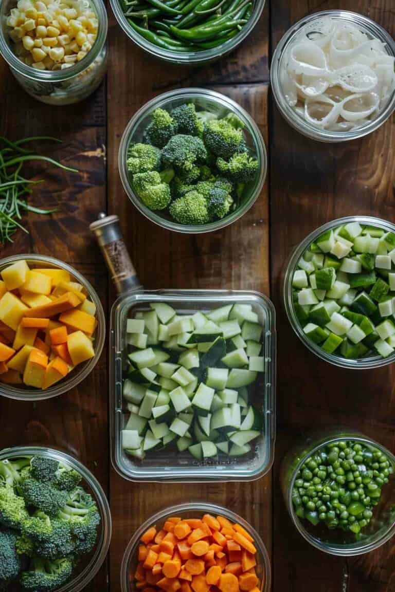 A variety of vegetables are arranged in bowls on a wooden table.