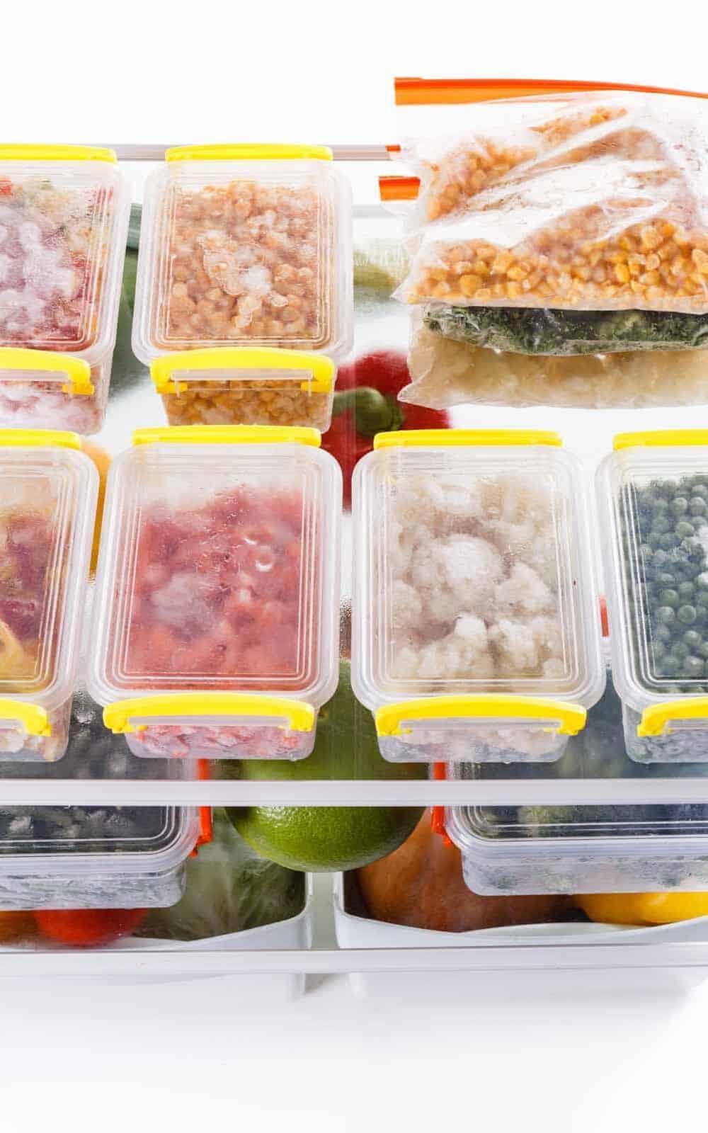 A plastic container filled with food and vegetables.
