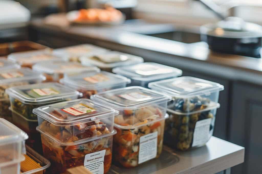 A kitchen full of plastic containers with food in them.