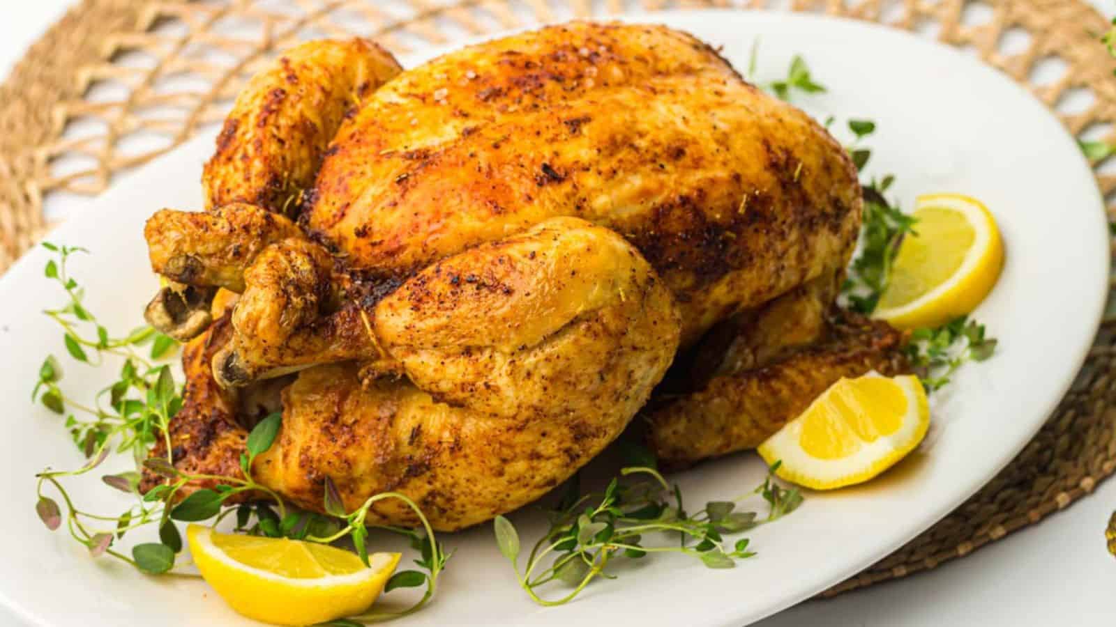 Roasted air fryer whole chicken served on a white plate with lemon wedges.