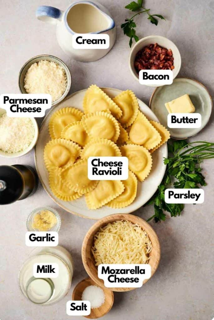 List of ingredients for an Olive Garden ravioli recipe.