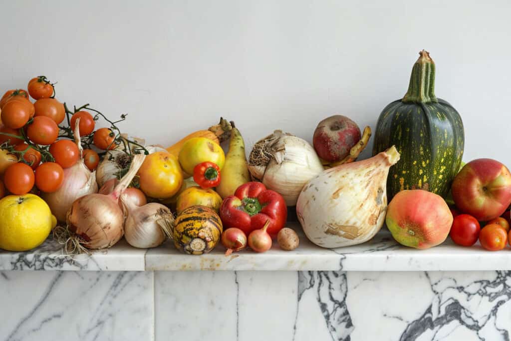 A group of fruits and vegetables on a marble countertop.