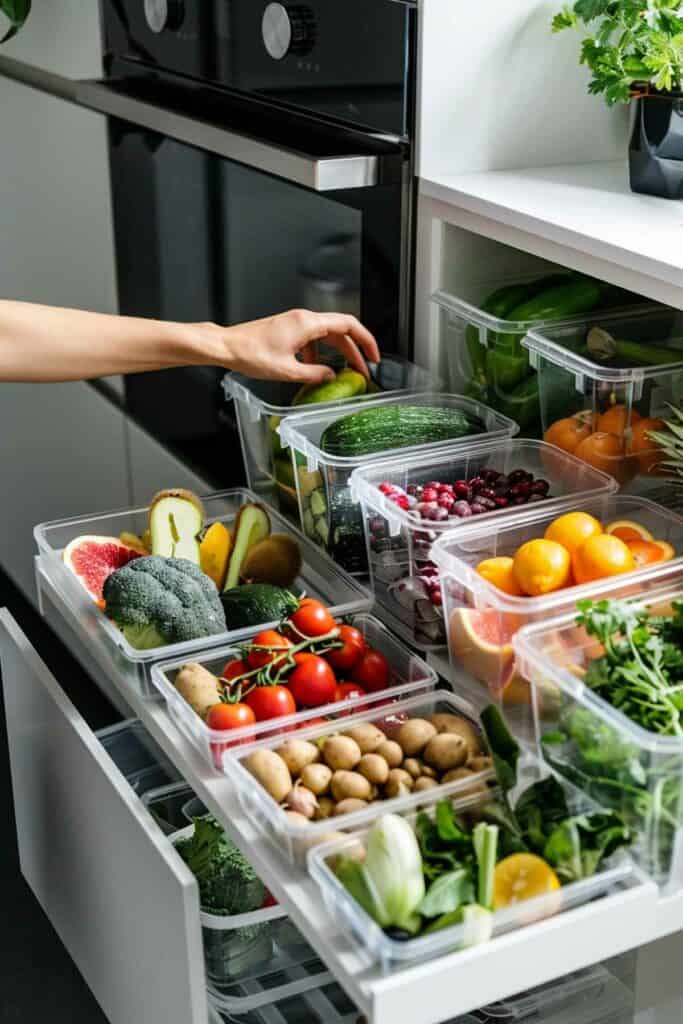 A woman is putting vegetables into a refrigerator.