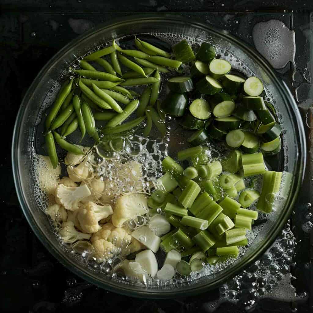 A bowl of green beans, carrots, celery and cauliflower.