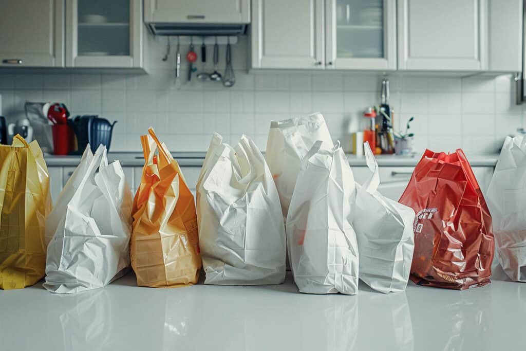 A group of shopping bags on a counter in a kitchen.