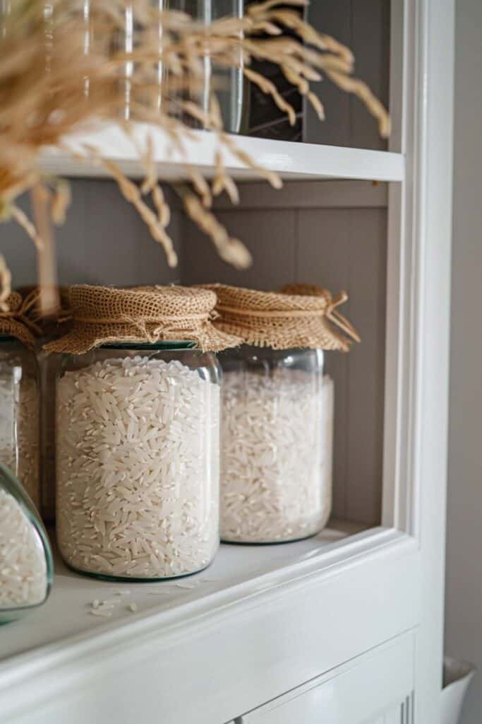 Rice in jars on a shelf in a kitchen.