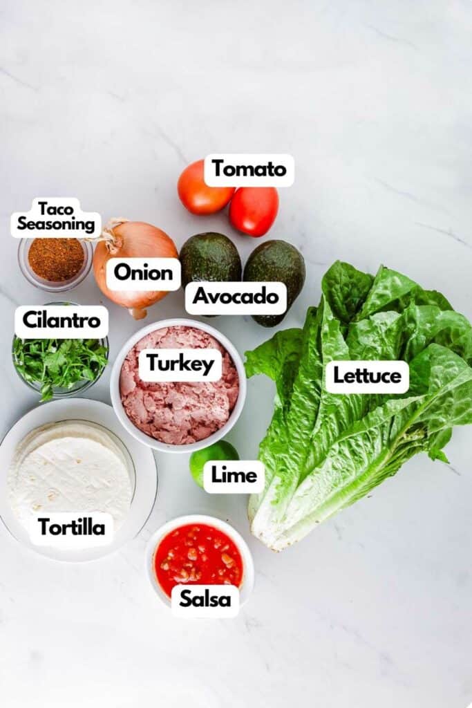 A list of ingredients for  a taco salad cups recipe.
