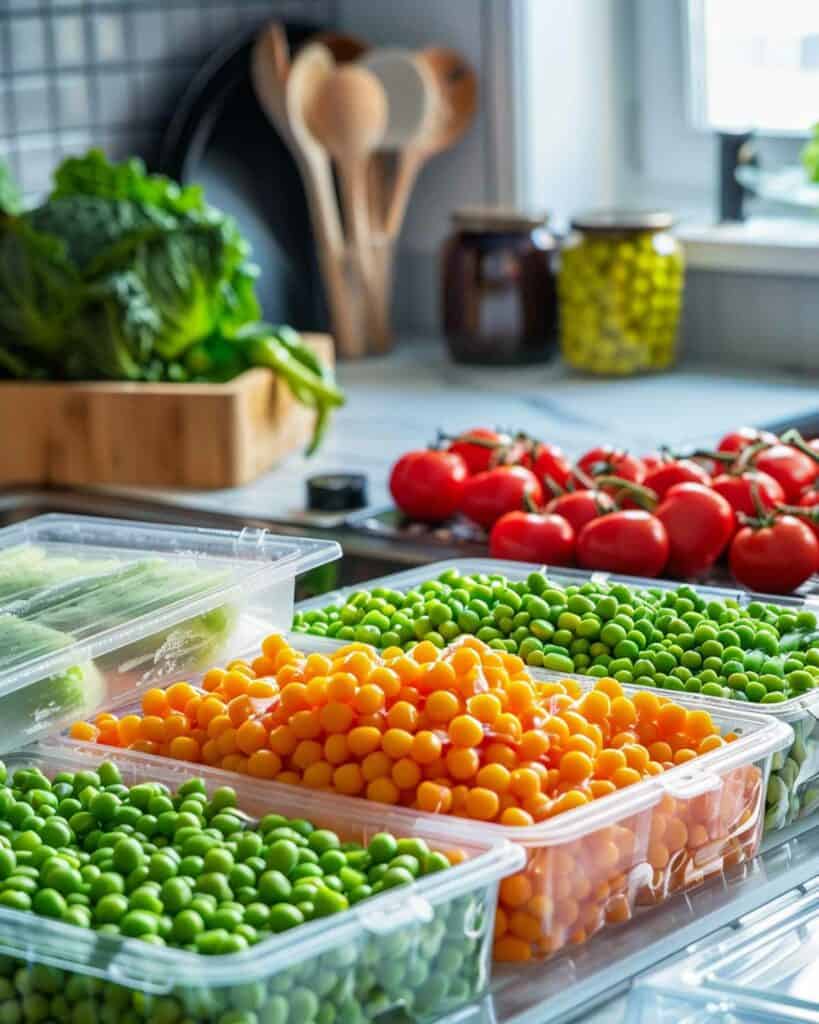 Peas, carrots, and broccoli in plastic containers on a counter.