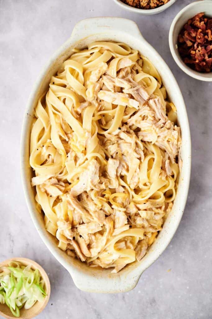 Chicken casserole in a white baking dish.