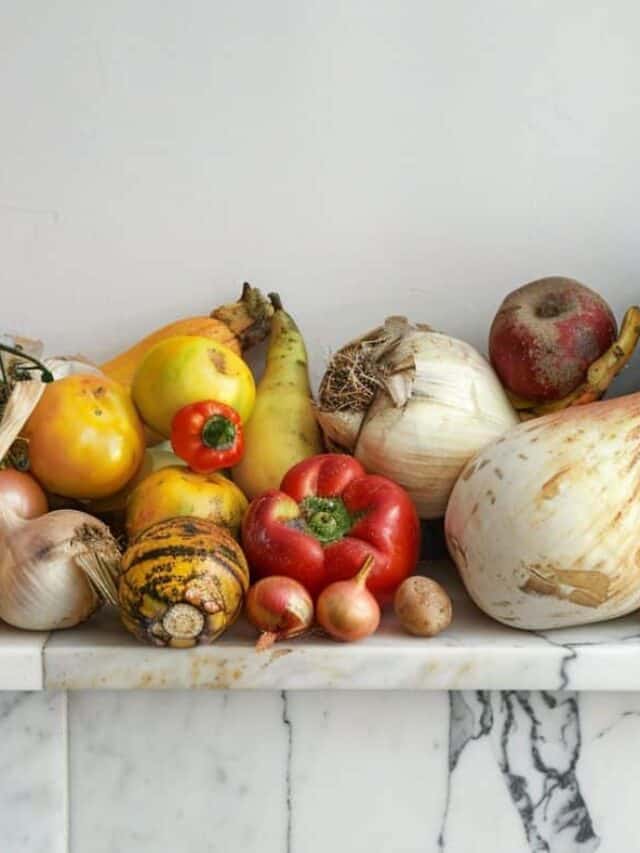 A variety of fruits and vegetables, including onions, peppers, a banana, apples, and zucchini, displayed on a marble surface against a plain white background.