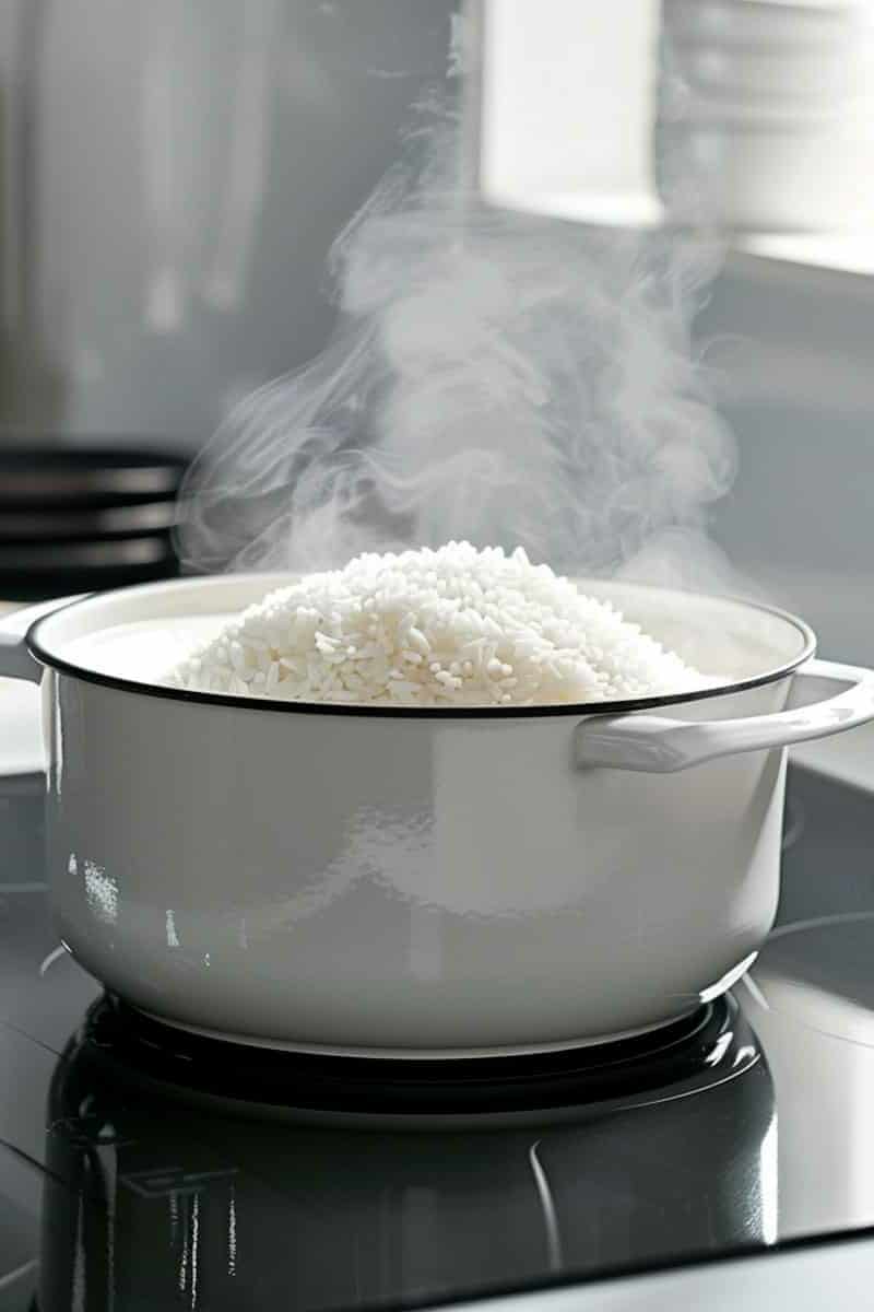 A pot of rice on top of a stove.