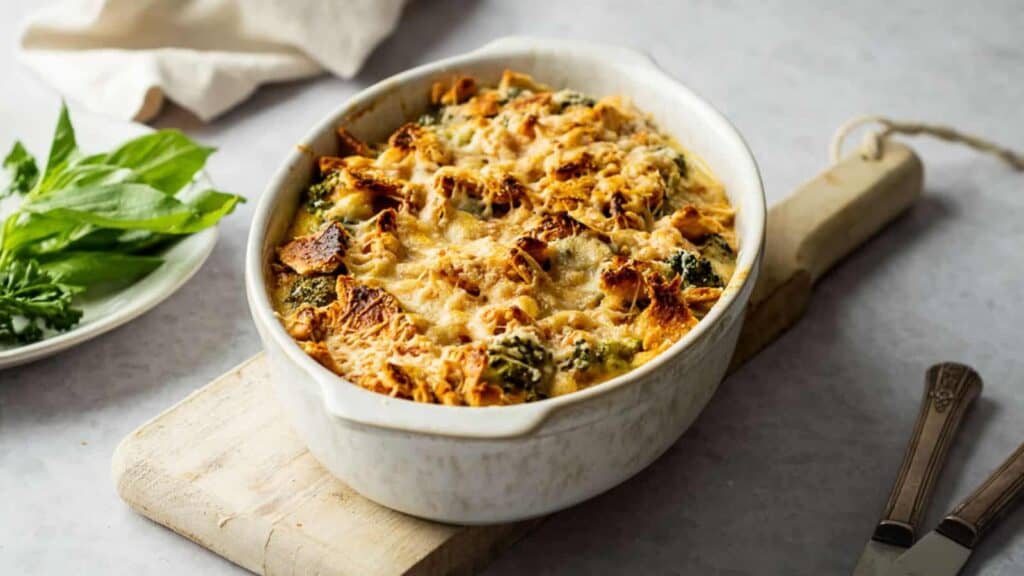 Someone serving broccoli casserole.