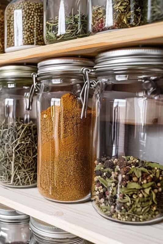 Many jars of spices and herbs on a shelf.