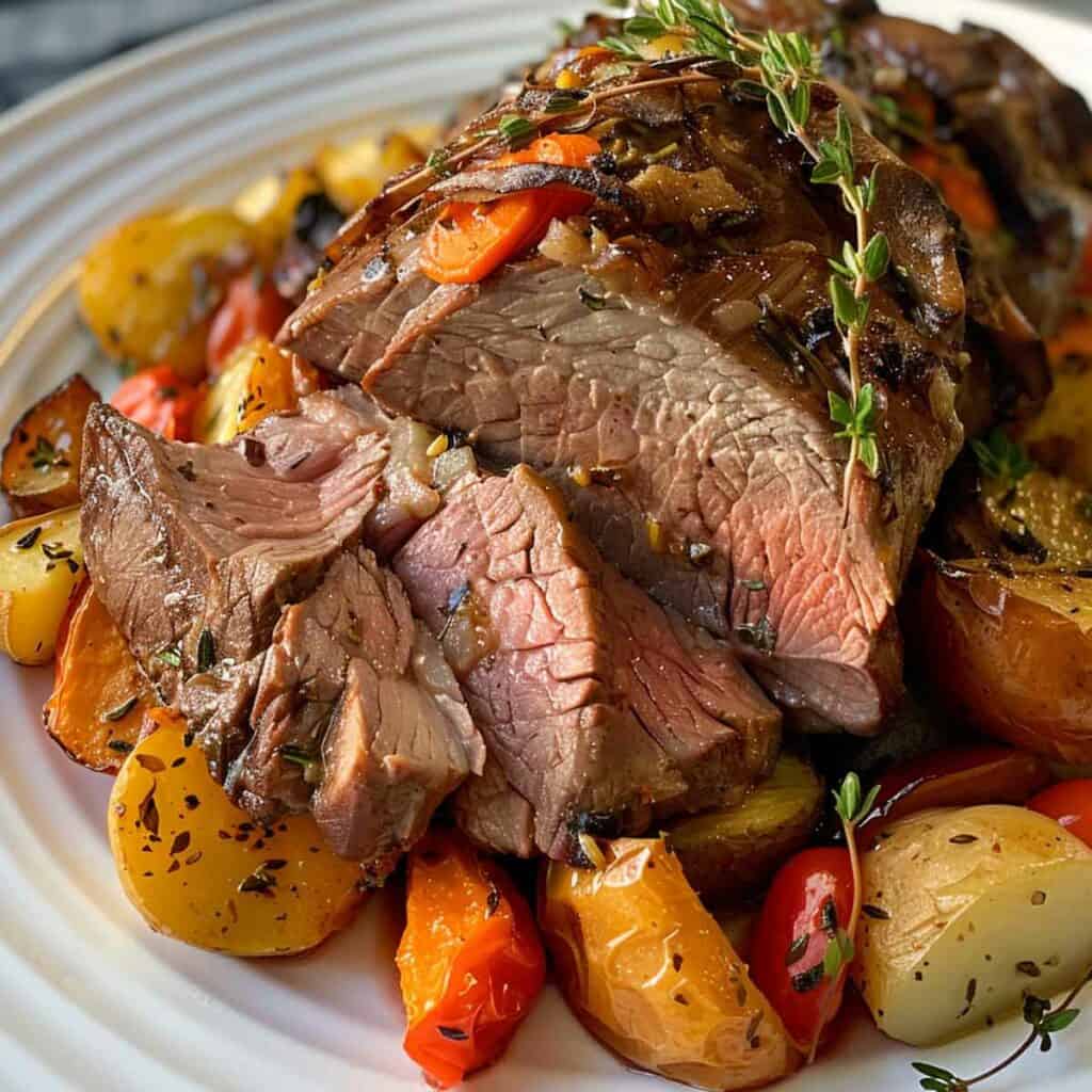 Roasted lamb with potatoes and vegetables on a plate.
