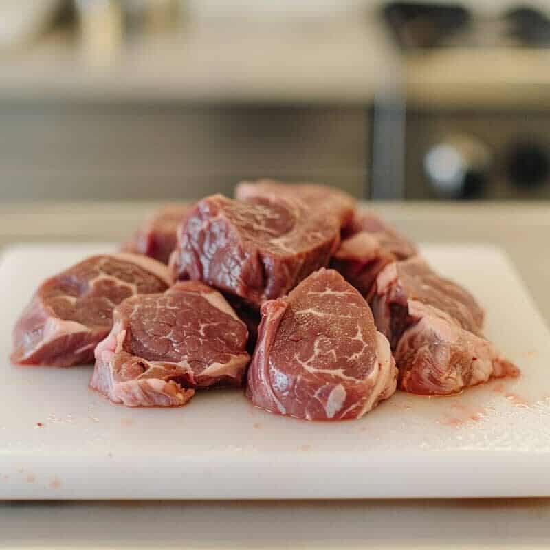Raw meat on a cutting board in a kitchen.