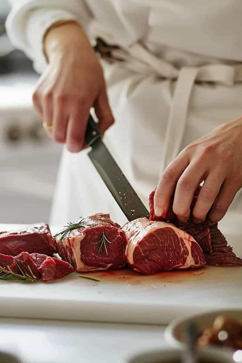 A woman slicing meat on a cutting board.