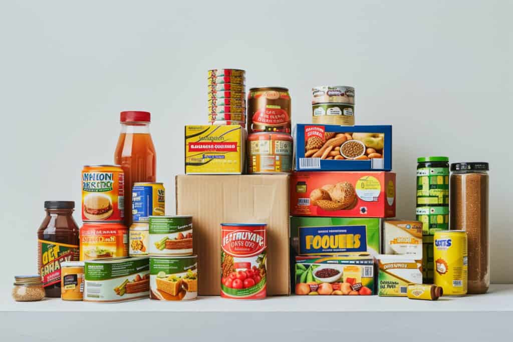 A box full of food is sitting on a table.