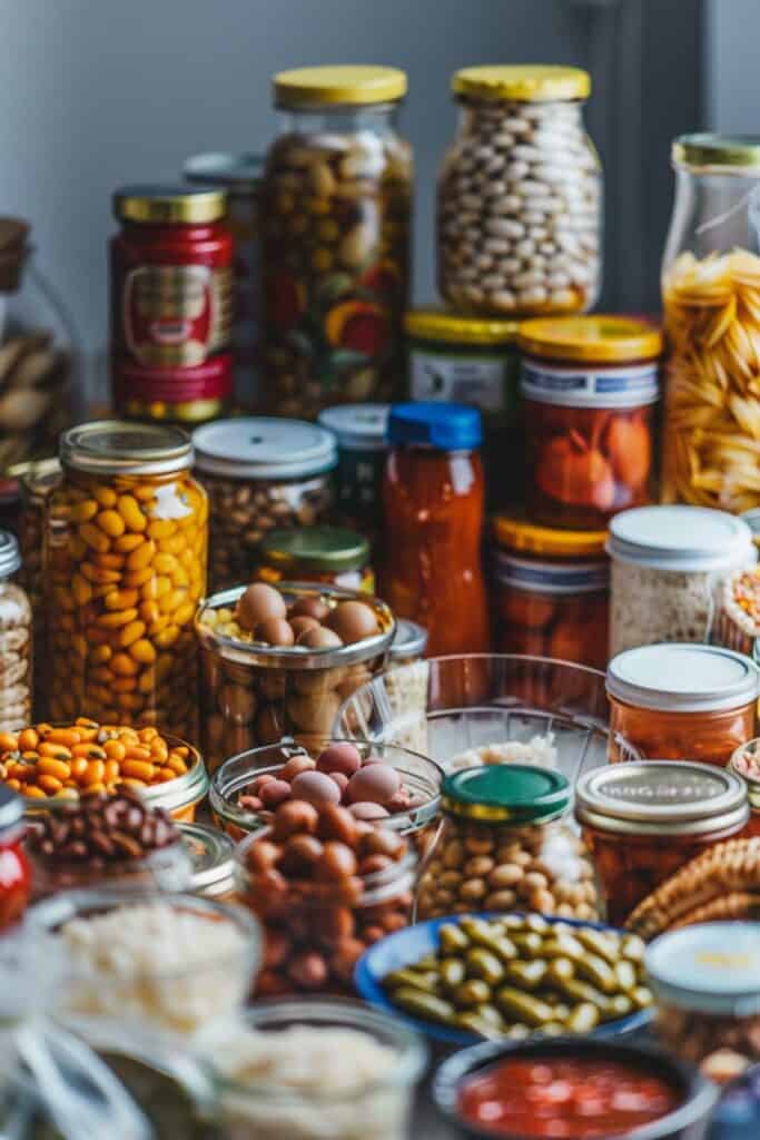 Many jars of food on a table.