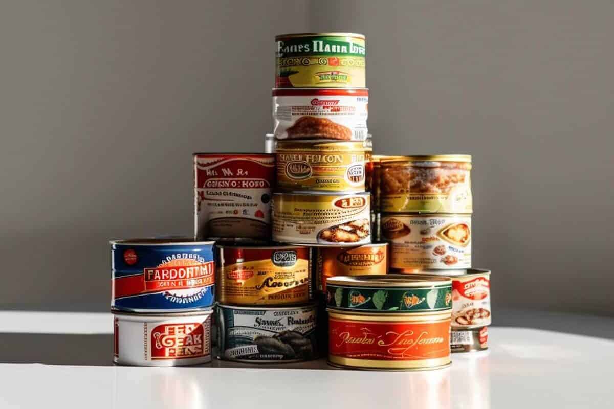 A stack of tin cans on a table.