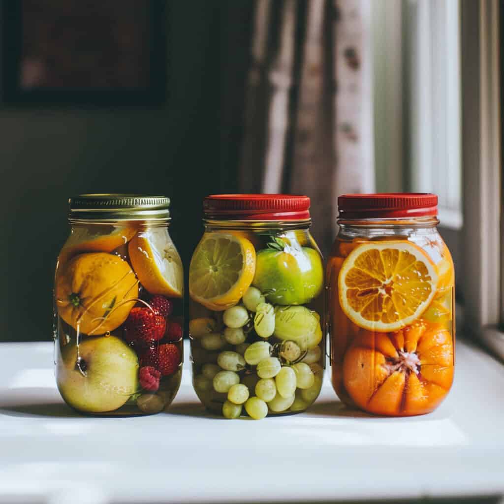 Three mason jars filled with fruit on a window sill.