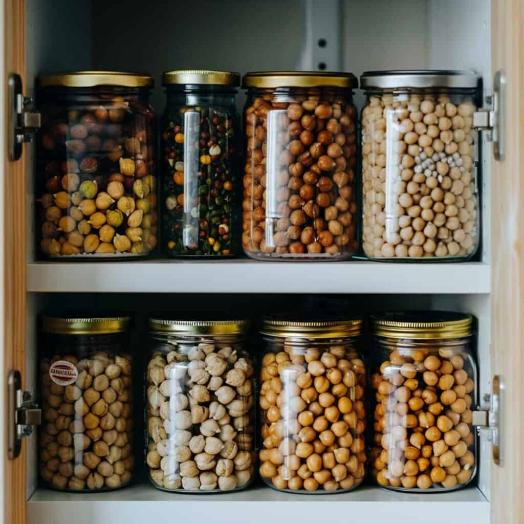 Jars of nuts and seeds on a shelf in a kitchen.