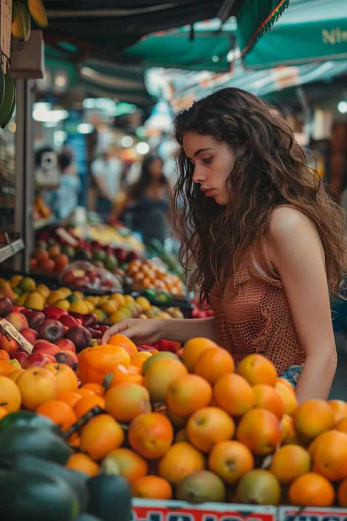 A woman looking at fruit in a market.