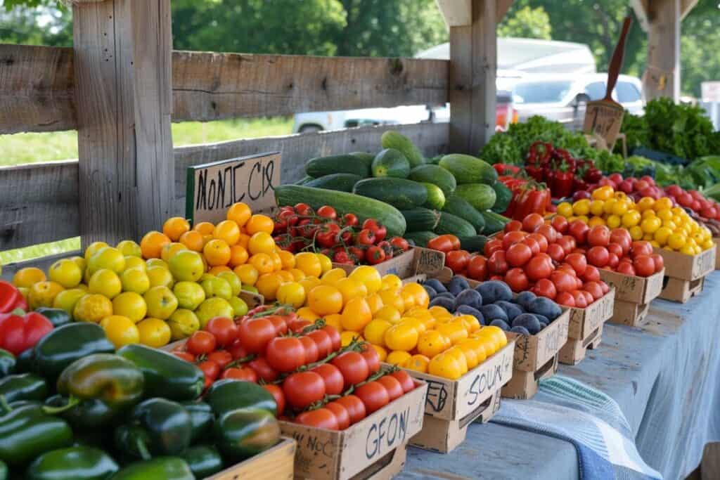 A wooden table with a variety of fruits and vegetables on it.