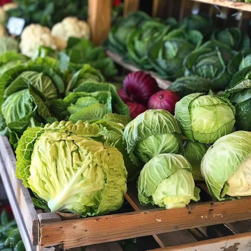 Cabbages and onions in wooden crates at a farmer's market.