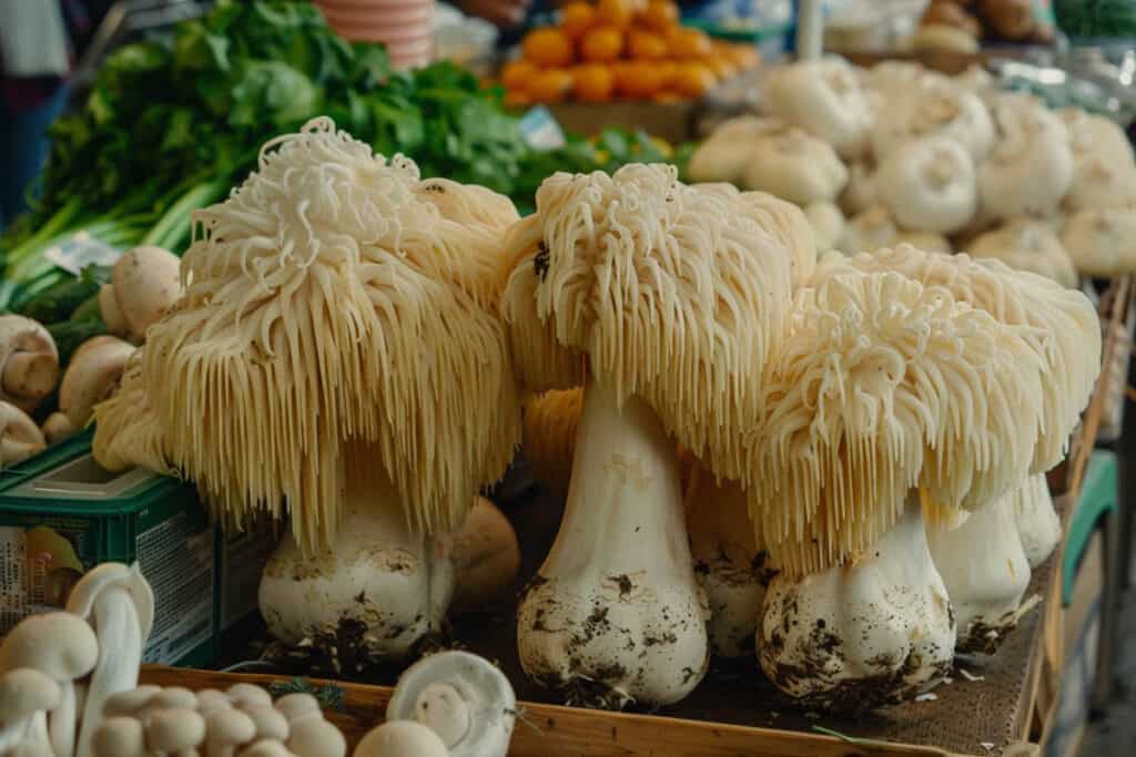 Fresh enoki and assorted mushrooms displayed for sale at a market.